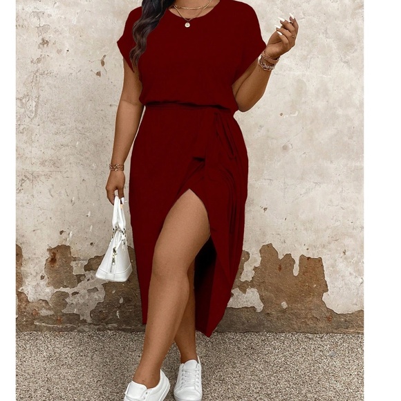 Plus Solid Short Cuff Sleeve Belted High Low Midi Dress - Picture 2 of 4